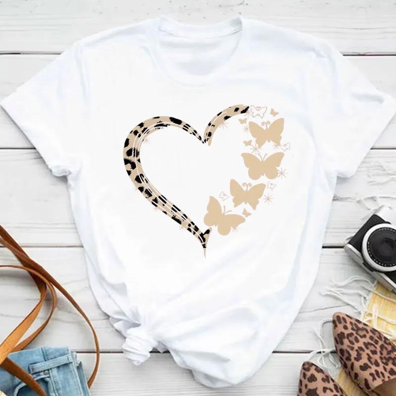 Új divatos női póló, színes pillangós szirommintás, rövid ujjú és kerek nyakú, aranyos grafikus póló, női felsőruházat