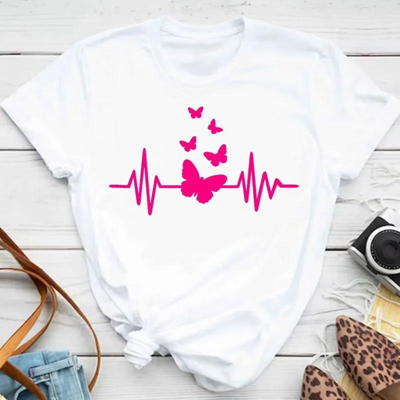 Új divatos női póló, színes pillangós szirommintás, rövid ujjú és kerek nyakú, aranyos grafikus póló, női felsőruházat