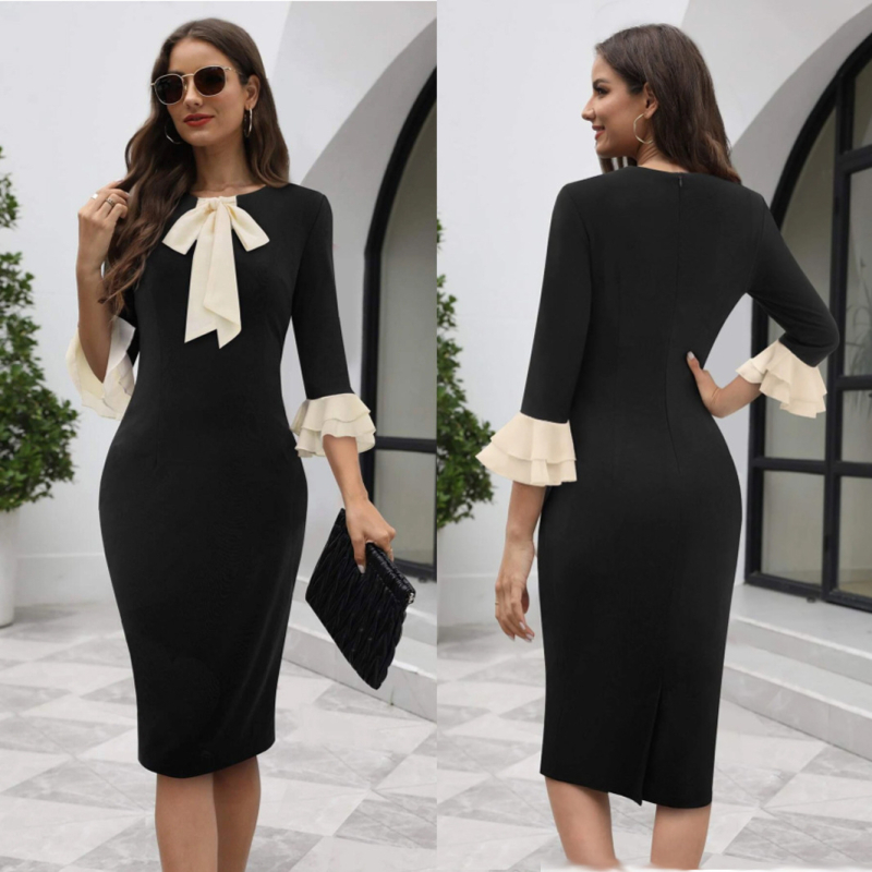 Határokon átnyúló, 2024-es független állomású európai és amerikai Amazon tavaszi és nyári nyakú, csipkés, fodros ujjú, karcsúsított szabású ruha