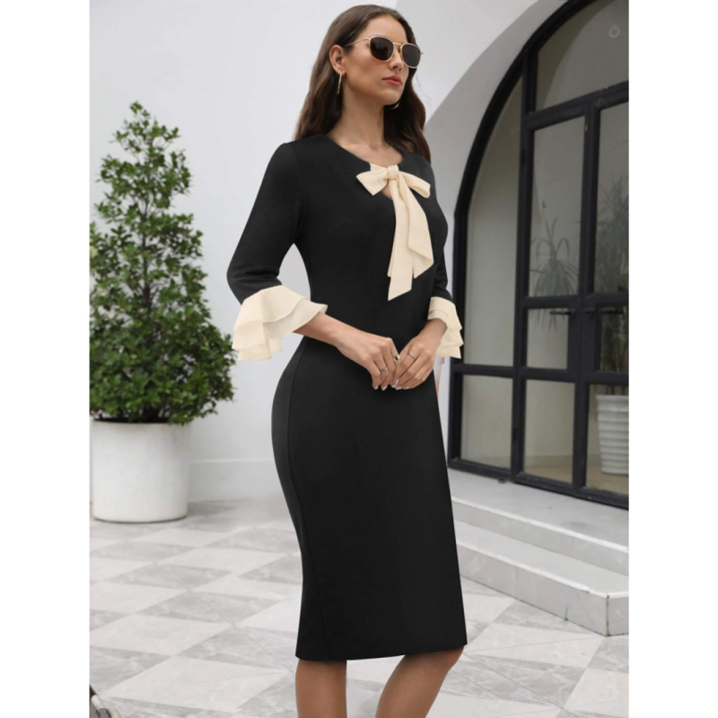 Határokon átnyúló, 2024-es független állomású európai és amerikai Amazon tavaszi és nyári nyakú, csipkés, fodros ujjú, karcsúsított szabású ruha