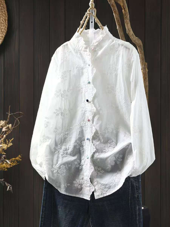 Ősi Ruházat Tavaszi & Őszi Új Édes Csipkegalléros Pamut Hímzett Női Művészeti Színes Gombos Laza Ing