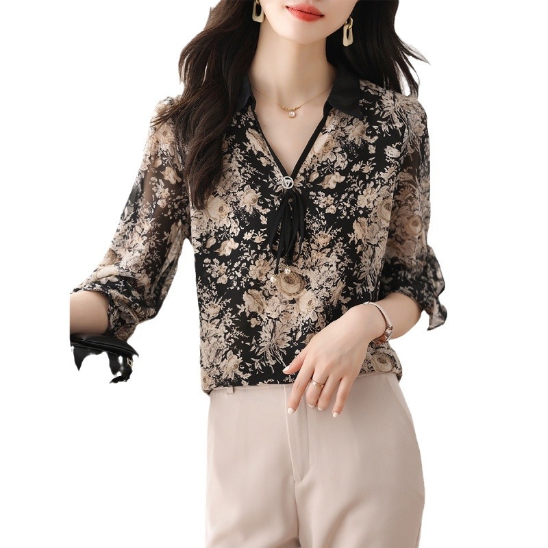 Középkorú anyuka karcsúsító virágmintás ing felső 2024 új középkorú női divatos tavaszi és őszi sifon ing