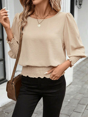 Amazon Független Oldal Európai és Amerikai Határokon Átnyúló 2025 Új Laza Plus Site Kerek Nyakú, Egyszínű, Fodros Ing Láng alakú Ujjakkal