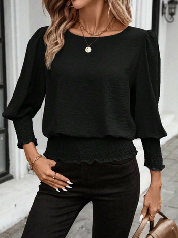 Независим сайт на Amazon, европейска и американска трансгранична 2025, нова свободна риза с кръгло деколте, големи размери, едноцветна, с волани и ръкави тип фенер