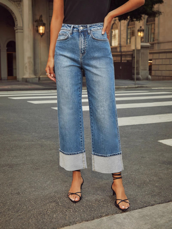 Amazon Cross-Border 2025 tavaszi új, nagy rugalmasságú, egyenes szabású farmernadrág, női minőségi, retró, göndör, magas derekú nadrág