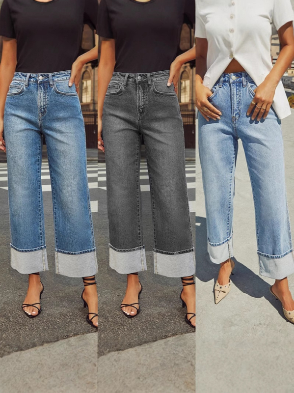 Amazon Cross-Border 2025 tavaszi új, nagy rugalmasságú, egyenes szabású farmernadrág, női minőségi, retró, göndör, magas derekú nadrág