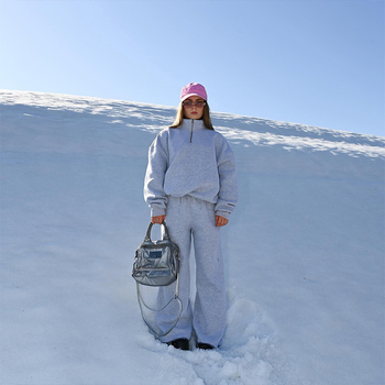 Φθινόπωρο και Χειμώνας 2025 Νέο Ευρωπαϊκό και Αμερικανικό Γυναικείο Casual Κοστούμι σε Καθαρό Χρώμα με Φερμουάρ και Στάσιμο στο Γιακά, Ελαστικό Παντελόνι σετ Δύο Τεμαχίων