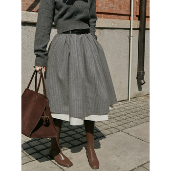 plus size Vintage művészi szürke csíkos dupla rétegű varrásos szoknya 2024 téli új szürke szoknya