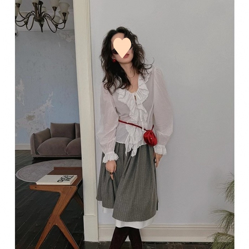 plus size Vintage művészi szürke csíkos dupla rétegű varrásos szoknya 2024 téli új szürke szoknya