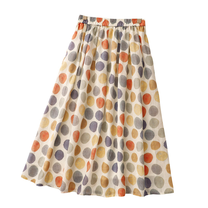 2025 tavaszi és nyári kétrétegű pamut és lenvászon akvarell pöttyös művészi szoknya nőknek