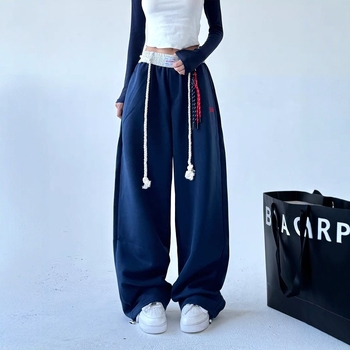 Amerikai retro színű, kontrasztos, széles szárú sportnadrág, női hosszú nadrág, tavaszi jazz, laza, húzózsinóros, hétköznapi, egyenes szabású nadrág