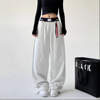 Amerikai retro színű, kontrasztos, széles szárú sportnadrág, női hosszú nadrág, tavaszi jazz, laza, húzózsinóros, hétköznapi, egyenes szabású nadrág