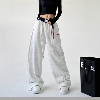 Amerikai retro színű, kontrasztos, széles szárú sportnadrág, női hosszú nadrág, tavaszi jazz, laza, húzózsinóros, hétköznapi, egyenes szabású nadrág