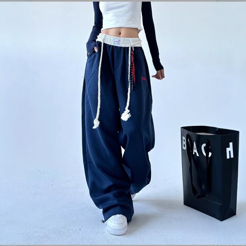 Amerikai retro színű, kontrasztos, széles szárú sportnadrág, női hosszú nadrág, tavaszi jazz, laza, húzózsinóros, hétköznapi, egyenes szabású nadrág