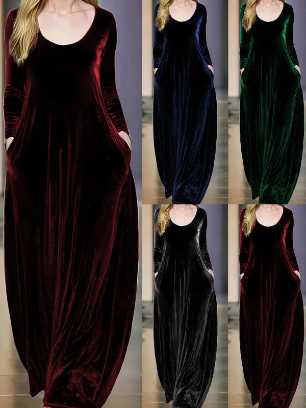 Európai és amerikai határokon átnyúló őszi és téli elegáns hosszú ujjú, kerek nyakú, bő szegélyű bársonyruha