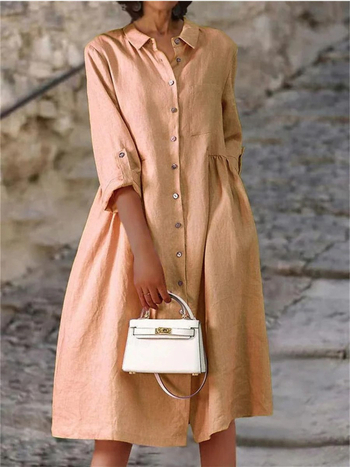 2024 új, határokon átnyúló külkereskedelmi Európából és az Egyesült Államokból származó női raktáron lévő tavaszi és nyári, egyszínű, pamut és len, egyszínű, bő zsebes ruha