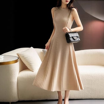 Rochie de damă din lână pură, 100%, cu guler rotund, fără mâneci, tricotată, lungă, cu interior, în culoare pură, fustă de pulover