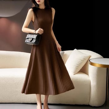 Rochie de damă din lână pură, 100%, cu guler rotund, fără mâneci, tricotată, lungă, cu interior, în culoare pură, fustă de pulover