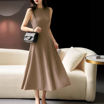 Rochie de damă din lână pură, 100%, cu guler rotund, fără mâneci, tricotată, lungă, cu interior, în culoare pură, fustă de pulover