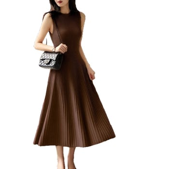 Rochie de damă din lână pură, 100%, cu guler rotund, fără mâneci, tricotată, lungă, cu interior, în culoare pură, fustă de pulover