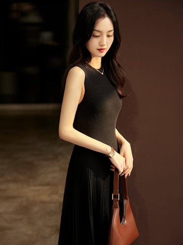 Rochie de damă din lână pură, 100%, cu guler rotund, fără mâneci, tricotată, lungă, cu interior, în culoare pură, fustă de pulover