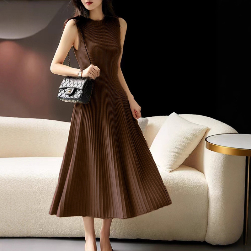 Rochie de damă din lână pură, 100%, cu guler rotund, fără mâneci, tricotată, lungă, cu interior, în culoare pură, fustă de pulover