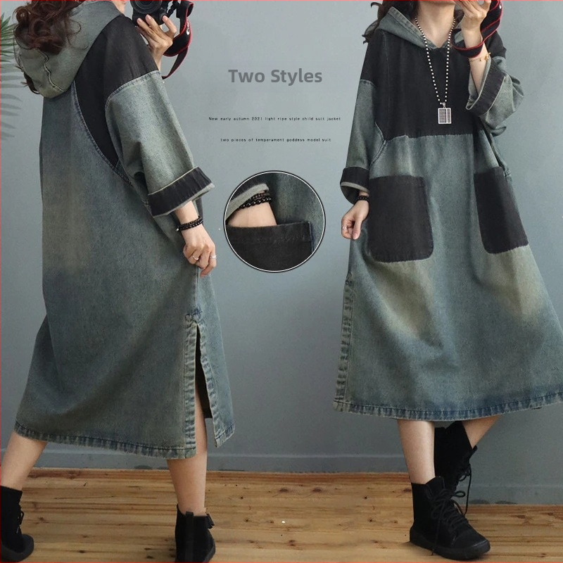 Tavaszi japán és koreai új kontrasztos színű farmer kapucnis, középhosszú, kopott fehér hasított, bő szoknyás női ruha