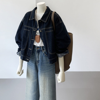 Koreai stílusú, bő hajtókás farmerkabát, női őszi 24-es új, lezser retró munkakabát, mindenhez illő, hosszú ujjú felső.