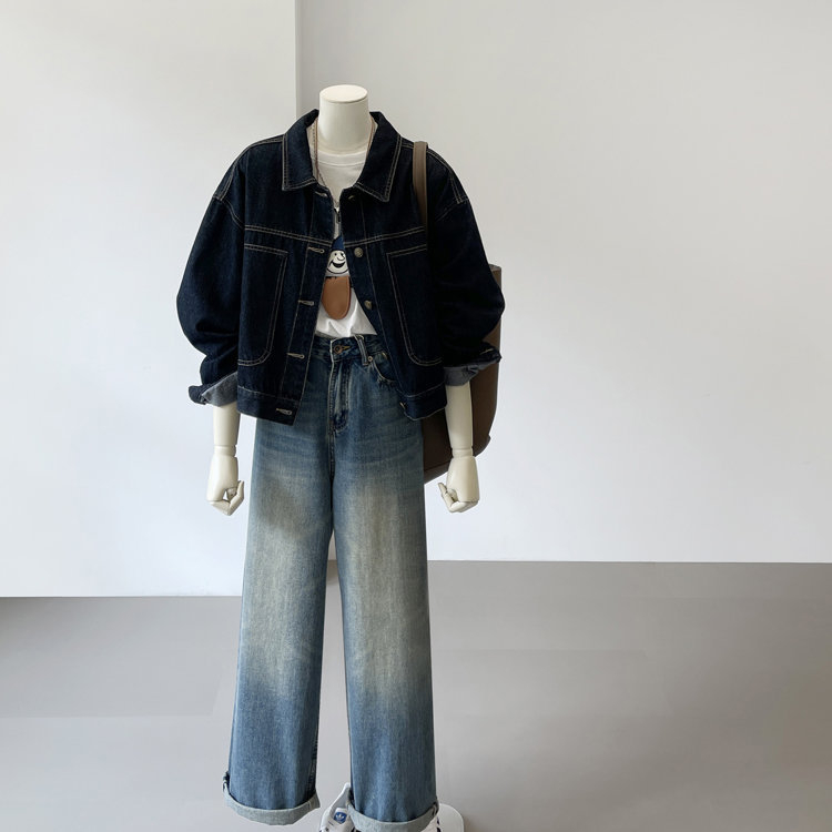 Koreai stílusú, bő hajtókás farmerkabát, női őszi 24-es új, lezser retró munkakabát, mindenhez illő, hosszú ujjú felső.