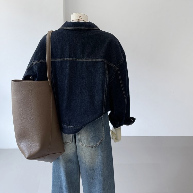 Koreai stílusú, bő hajtókás farmerkabát, női őszi 24-es új, lezser retró munkakabát, mindenhez illő, hosszú ujjú felső.