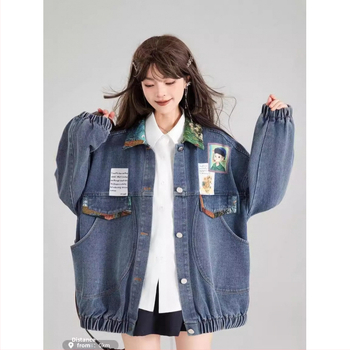 Naiste retro teksajakk 2024. aasta kevad- ja sügissuviseks prantsuse kirjandusliku žakaarmustriga lipsuga kaunistatud lahtise jakiga, trendikas top