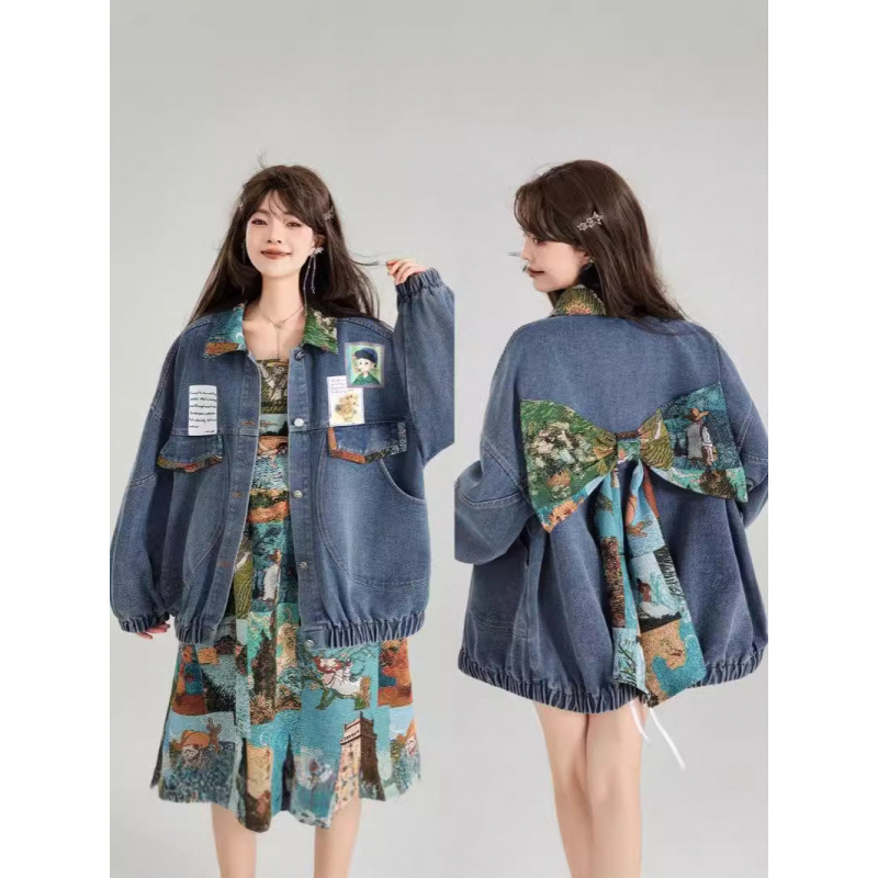 Naiste retro teksajakk 2024. aasta kevad- ja sügissuviseks prantsuse kirjandusliku žakaarmustriga lipsuga kaunistatud lahtise jakiga, trendikas top