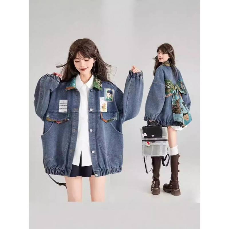 Naiste retro teksajakk 2024. aasta kevad- ja sügissuviseks prantsuse kirjandusliku žakaarmustriga lipsuga kaunistatud lahtise jakiga, trendikas top