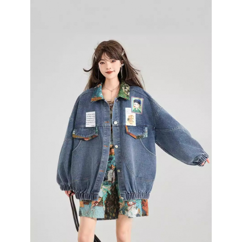 Naiste retro teksajakk 2024. aasta kevad- ja sügissuviseks prantsuse kirjandusliku žakaarmustriga lipsuga kaunistatud lahtise jakiga, trendikas top