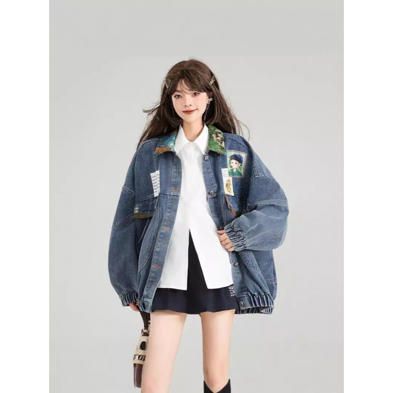 Naiste retro teksajakk 2024. aasta kevad- ja sügissuviseks prantsuse kirjandusliku žakaarmustriga lipsuga kaunistatud lahtise jakiga, trendikas top