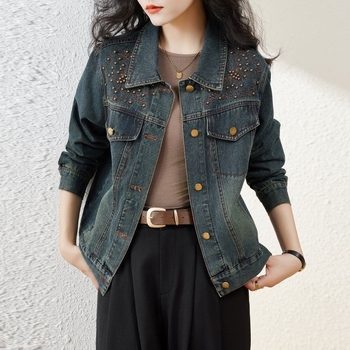 Γυναικείο τζιν παλτό 2024 Νέο ανοιξιάτικο και φθινοπωρινό σορτς σε στυλ Χονγκ Κονγκ, ρετρό, casual, κεντημένο μπουφάν με ώμους