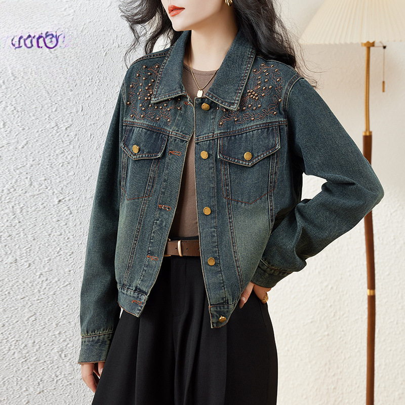 Farmerkabát Női 2024 Új Tavaszi és Őszi Rövid Hong Kong Stílusú Retró Hímzett Kabát