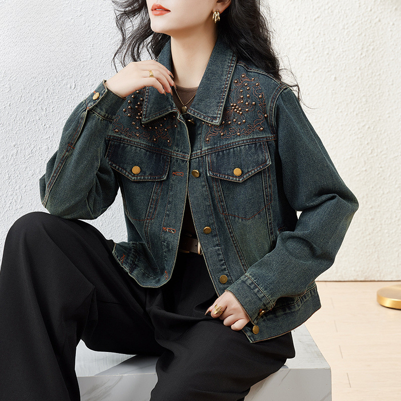 Farmerkabát Női 2024 Új Tavaszi és Őszi Rövid Hong Kong Stílusú Retró Hímzett Kabát
