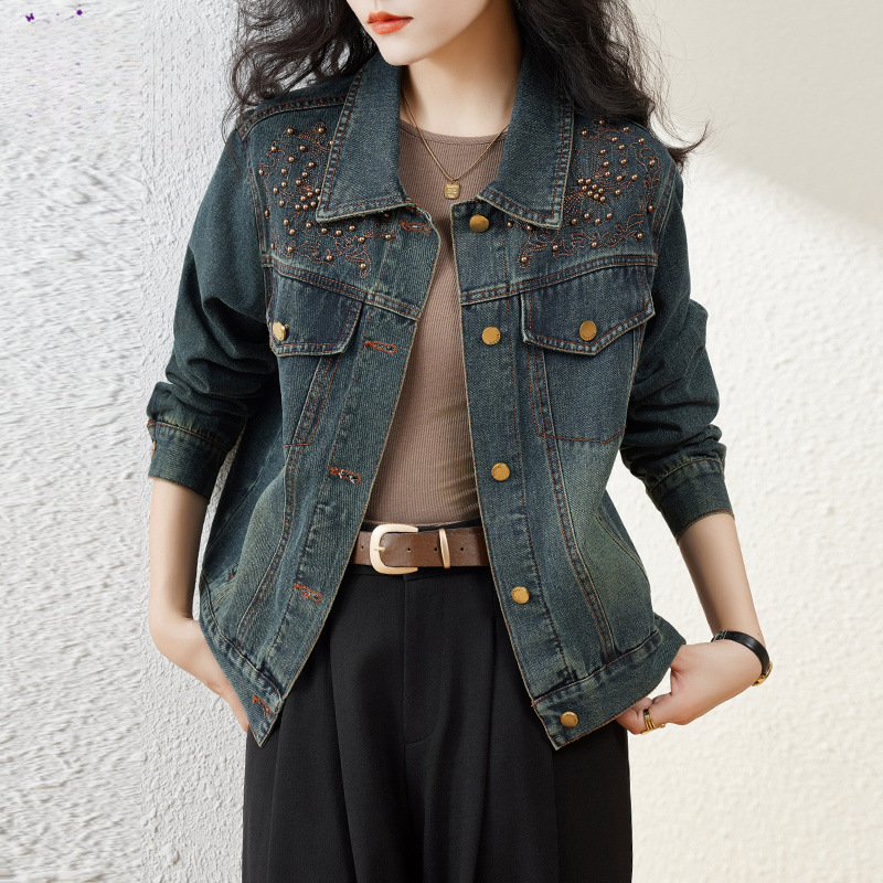 Farmerkabát Női 2024 Új Tavaszi és Őszi Rövid Hong Kong Stílusú Retró Hímzett Kabát