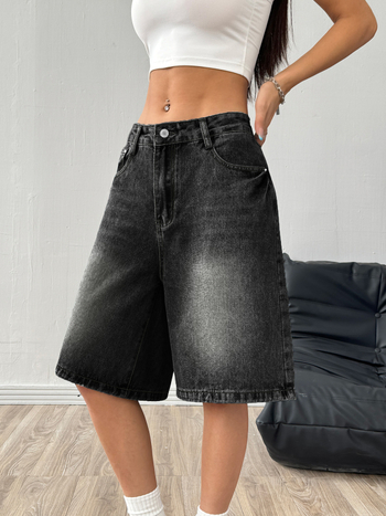 Tarpvalstybinė užsienio prekyba „Amazon“ Europos ir Amerikos retro džinsiniai šortai moteriški laisvi kasdieniai plačios kojos vidutinio ilgio kelnės madingos