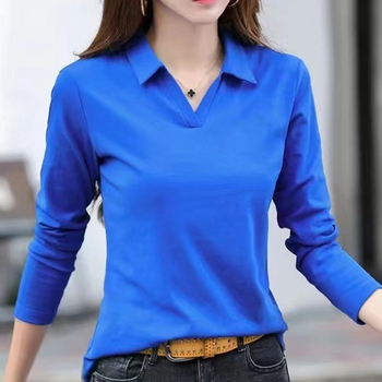 Hosszú ujjú, galléros, egyszerű alapú póló, tavaszi, őszi, téli 2024, új, karcsúsított, karcsúsító, egyszínű, pamut felsőruházat, női póló