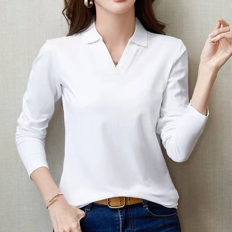Hosszú ujjú, galléros, egyszerű alapú póló, tavaszi, őszi, téli 2024, új, karcsúsított, karcsúsító, egyszínű, pamut felsőruházat, női póló