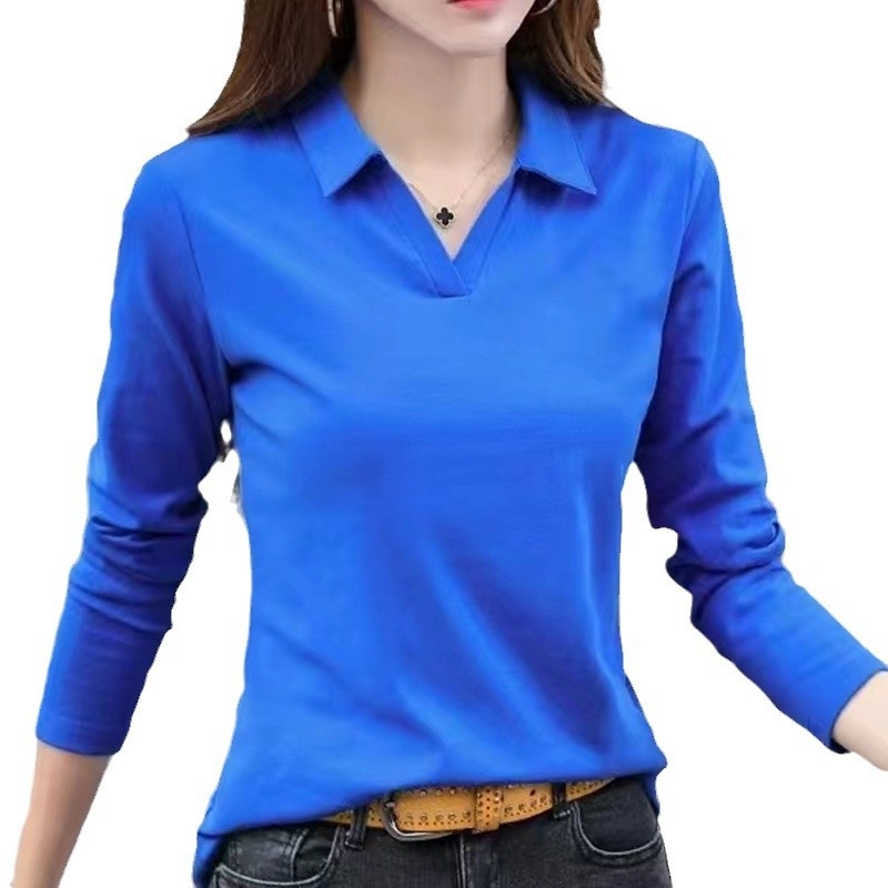 Hosszú ujjú, galléros, egyszerű alapú póló, tavaszi, őszi, téli 2024, új, karcsúsított, karcsúsító, egyszínű, pamut felsőruházat, női póló