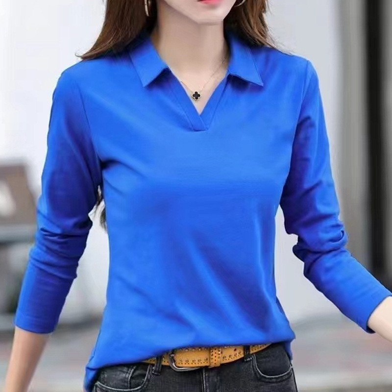 Hosszú ujjú, galléros, egyszerű alapú póló, tavaszi, őszi, téli 2024, új, karcsúsított, karcsúsító, egyszínű, pamut felsőruházat, női póló