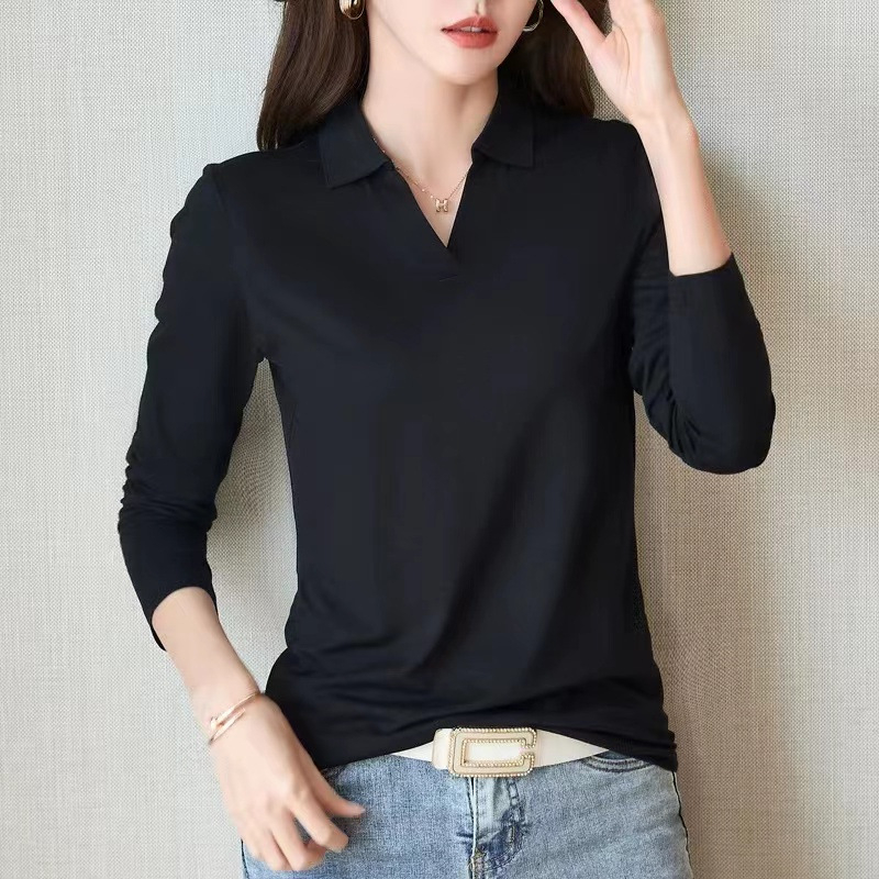 Hosszú ujjú, galléros, egyszerű alapú póló, tavaszi, őszi, téli 2024, új, karcsúsított, karcsúsító, egyszínű, pamut felsőruházat, női póló