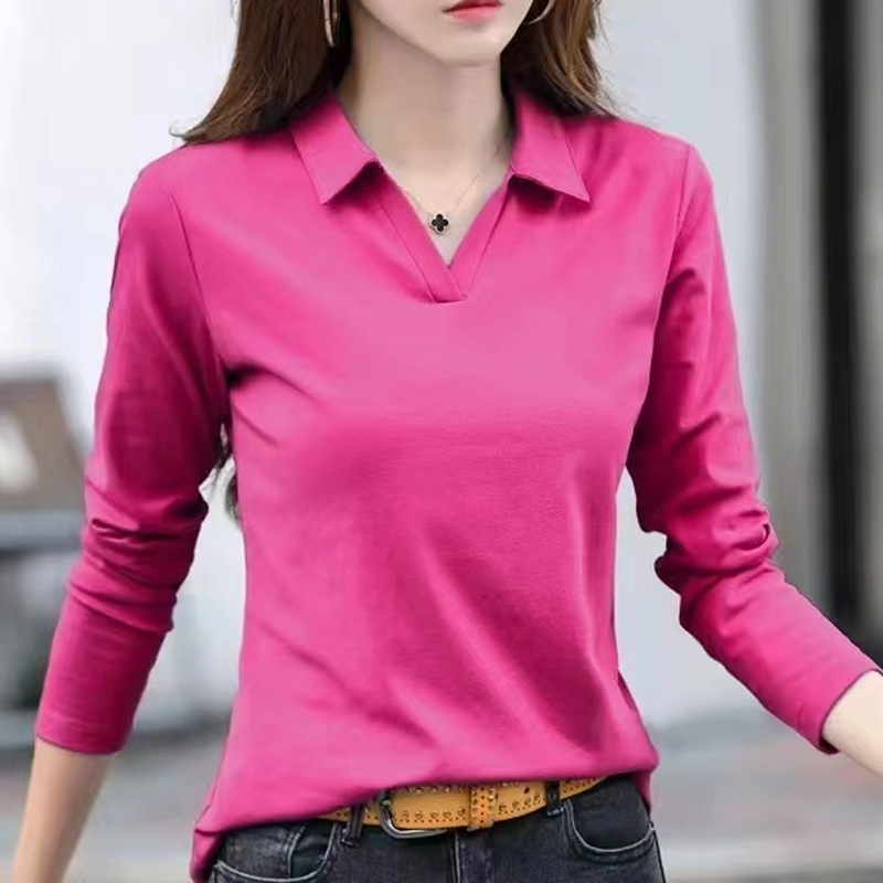 Hosszú ujjú, galléros, egyszerű alapú póló, tavaszi, őszi, téli 2024, új, karcsúsított, karcsúsító, egyszínű, pamut felsőruházat, női póló
