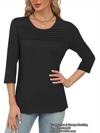 Amazon 2025 határokon átnyúló európai és amerikai női őszi és téli kerek nyakú, háromnegyedes ujjú, mellkasra húzott, rakott felső