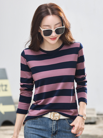 Tavaszi új hosszú ujjú női alsónemű póló, öregedésgátló csíkos kis ing, őszi plus size bő felső, nagykereskedelemben