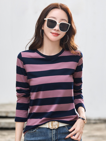 Tavaszi új hosszú ujjú női alsónemű póló, öregedésgátló csíkos kis ing, őszi plus size bő felső, nagykereskedelemben