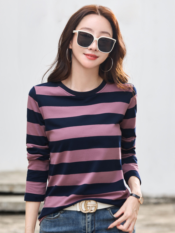 Tavaszi új hosszú ujjú női alsónemű póló, öregedésgátló csíkos kis ing, őszi plus size bő felső, nagykereskedelemben